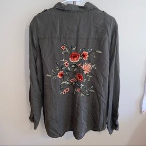 Embroidered Army Green Button Down